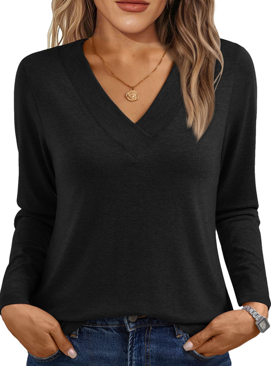 SUNBS Long Sleeve Shirts for Women Tops V Neck Casual Tops Comfortable Shirt Soft Basic Tees Women Blouses