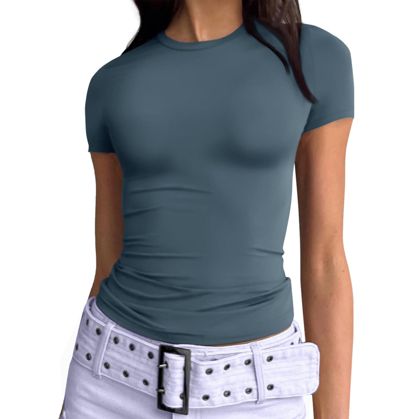 SUNBS Womens Basic T-Shirts Scoop Neck Short Sleeve Crop Tops Cute Summer Tops Slim Fit Tees Y2k Clothing 2025
