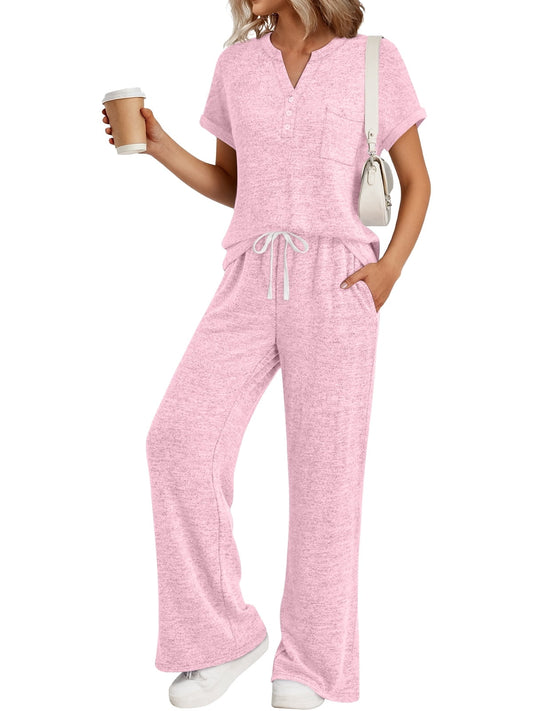 SUNBS 2 Piece Lounge Sets for Women Summer Henley Sweatsuit Travel Vacation Airport Outfits Pajamas Sets