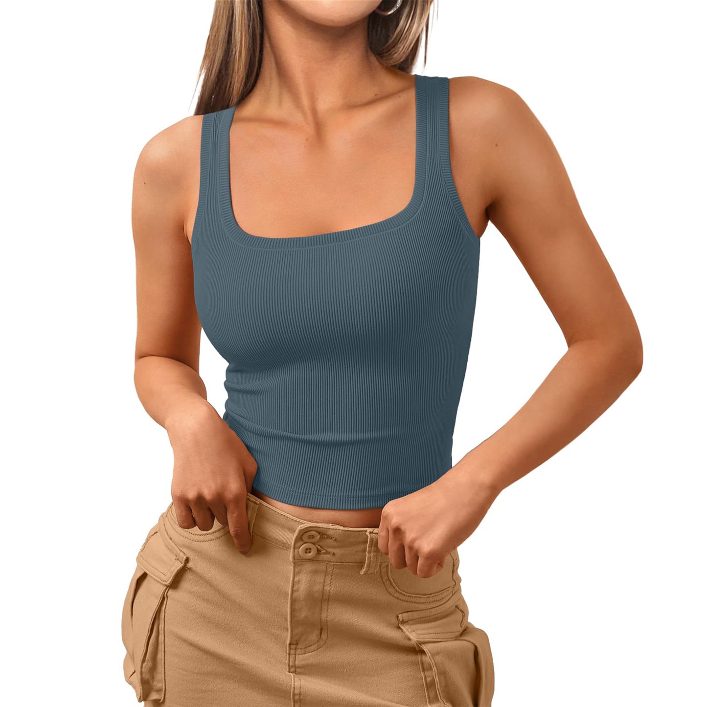 SUNBS Womens Square Neck Tank Tops Workout Cropped Ribbed Summer Camisole Sleeveless Tops