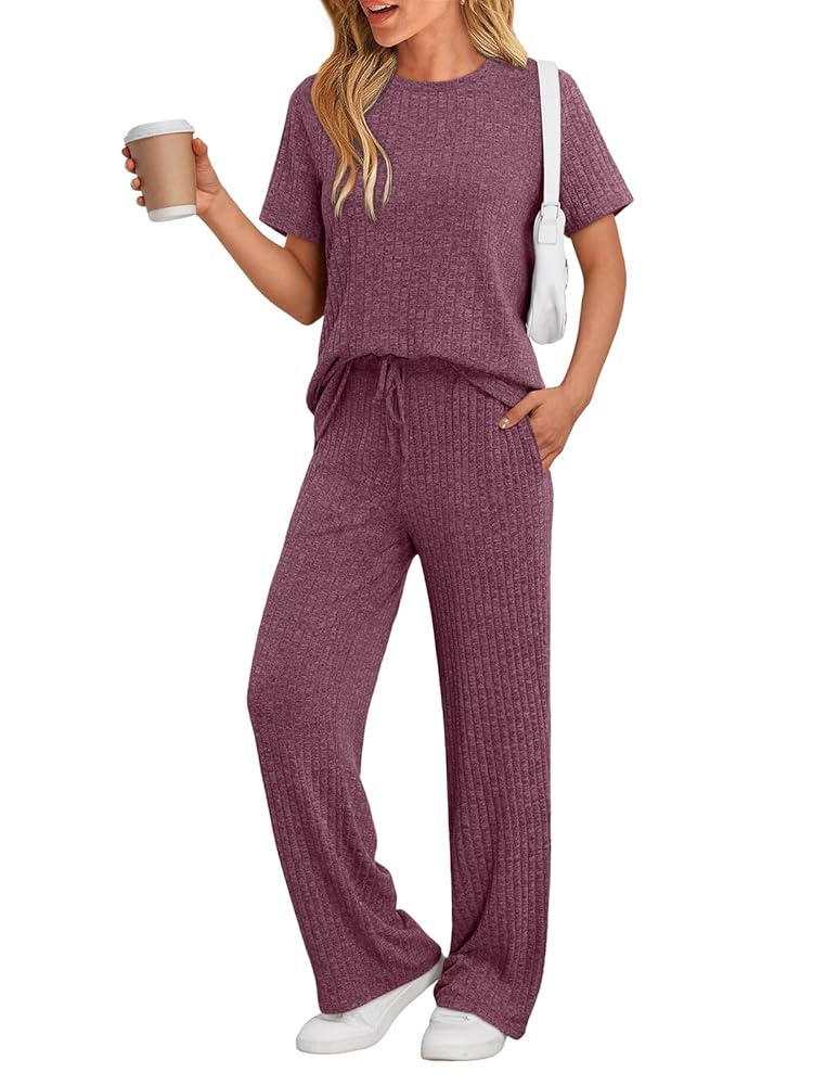 SUNBS Two Piece Lounge Sets for Women Matching Outfits Casual Ribbed Knit Pajamas Set Wide Leg Pants Trendy Clothes 2025