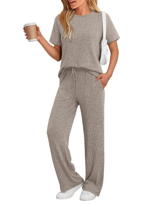 SUNBS Two Piece Lounge Sets for Women Matching Outfits Casual Ribbed Knit Pajamas Set Wide Leg Pants Trendy Clothes 2025