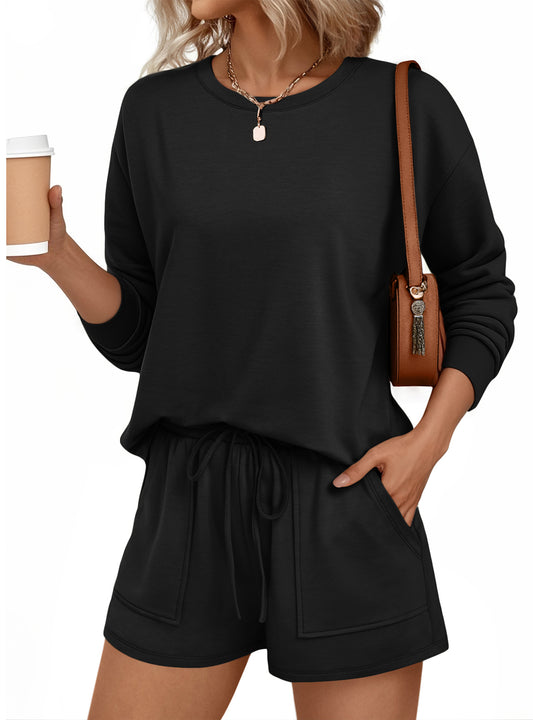 SUNBS Womens Crew Neck Two Piece Short Sets Long Sleeve Drawstring Summer Sweatsuit with Pocket