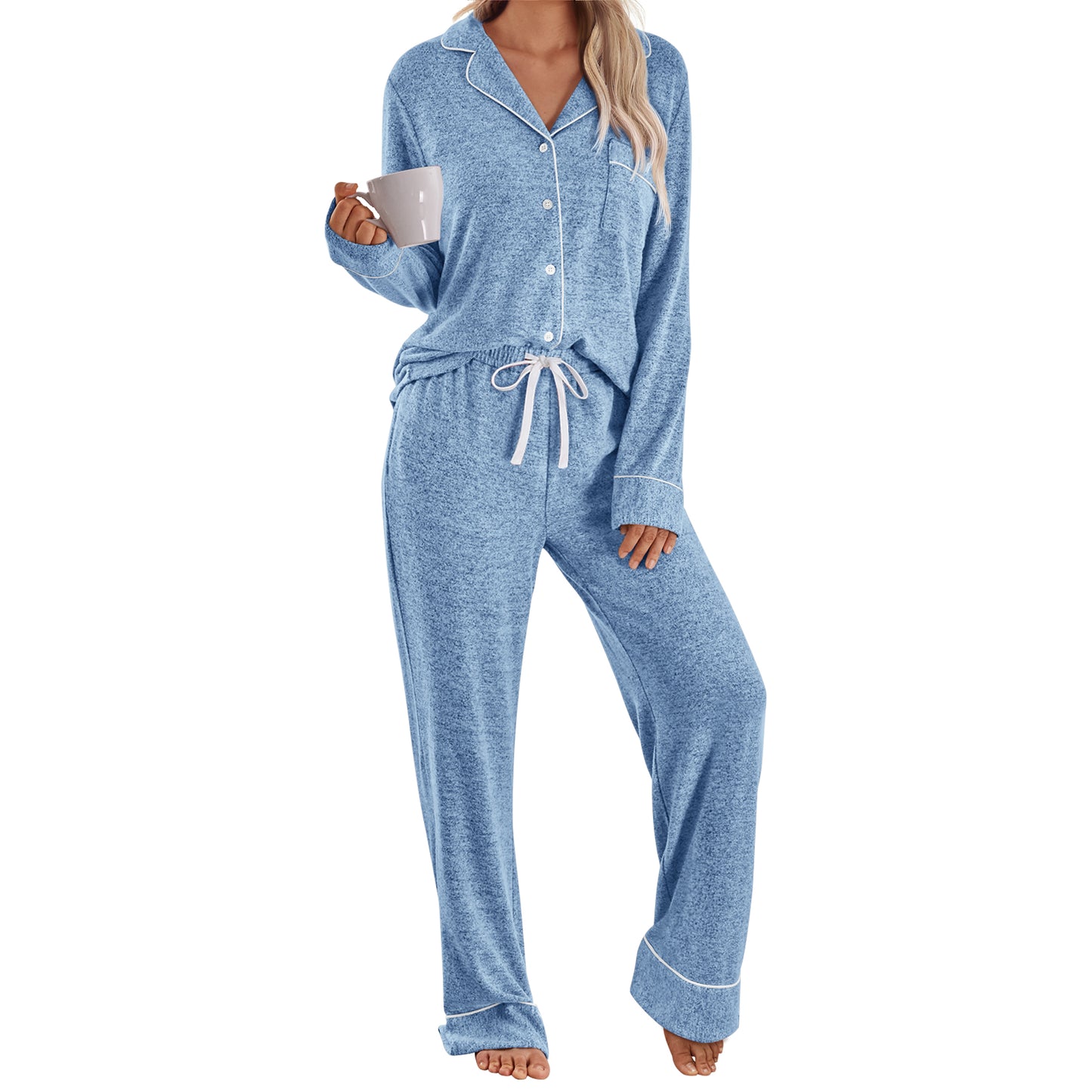 SUNBS Lounge Sets for Womens Pajamas Set 2 Piece Button Down Long Sleeve Shirts Drawstring Wide Leg Pants Matching Outfits Clothes 2025