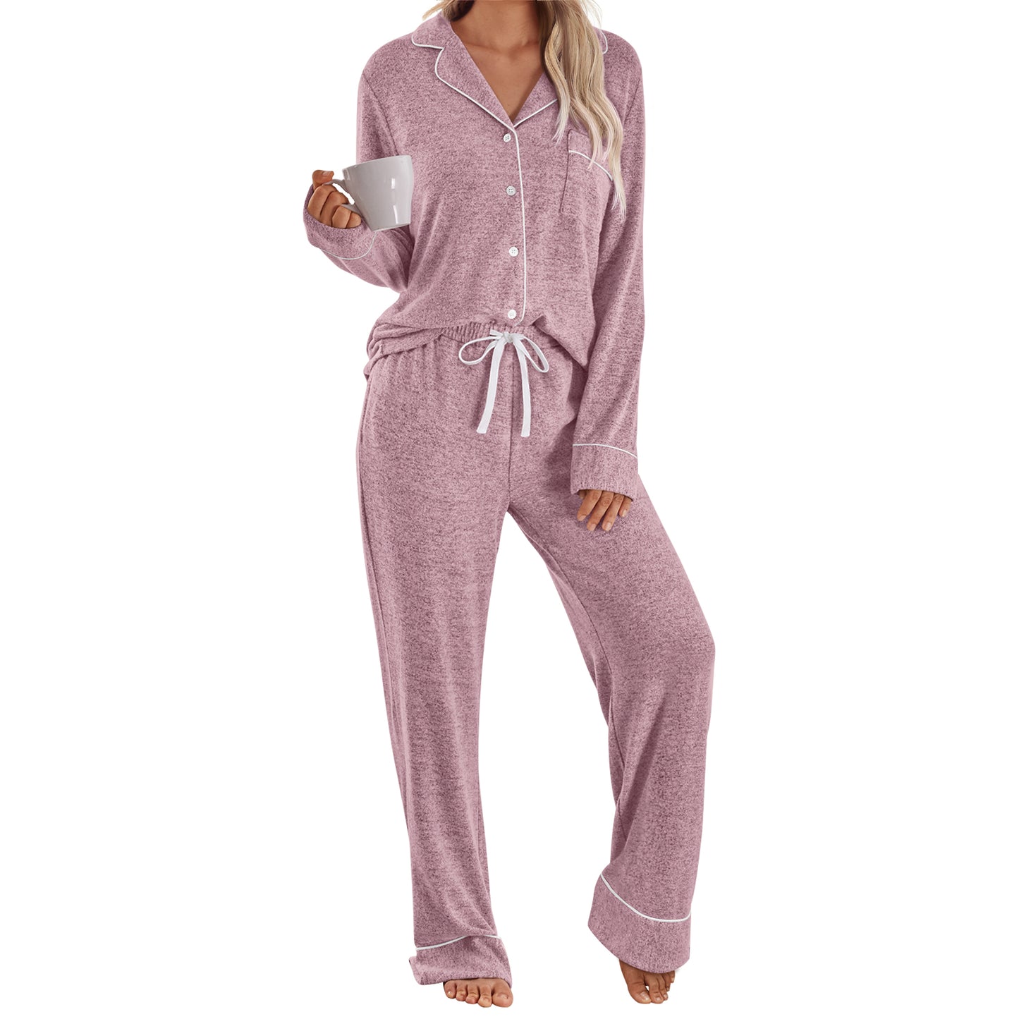 SUNBS Lounge Sets for Womens Pajamas Set 2 Piece Button Down Long Sleeve Shirts Drawstring Wide Leg Pants Matching Outfits Clothes 2025