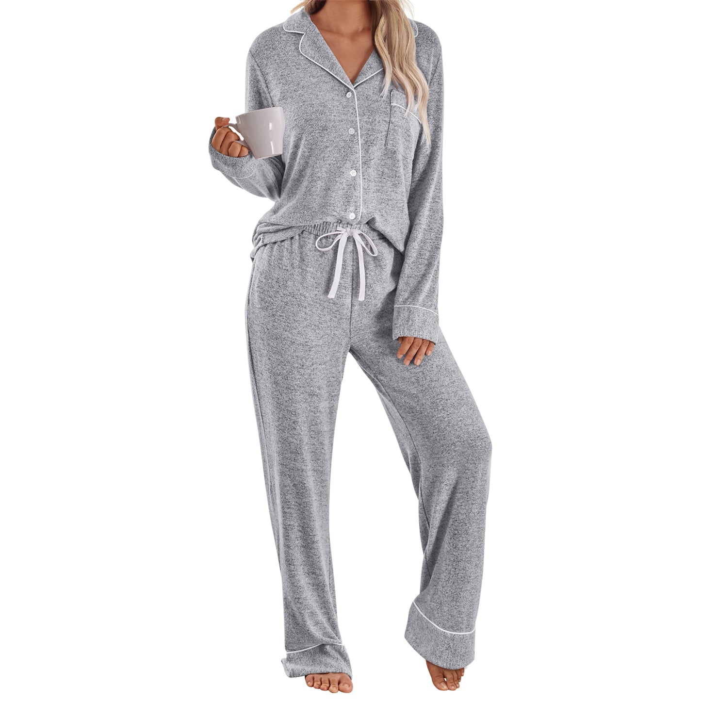 SUNBS Lounge Sets for Womens Pajamas Set 2 Piece Button Down Long Sleeve Shirts Drawstring Wide Leg Pants Matching Outfits Clothes 2025