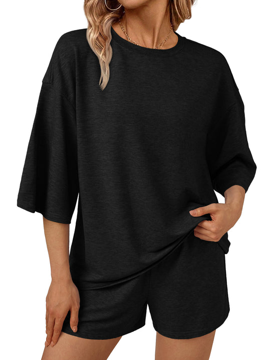 SUNBS 2 Piece Outfit for Women Lounge Sets Two Piece Set Summer Sets 3/4 Sleeve Oversized Tshirts Elastic Waist Short