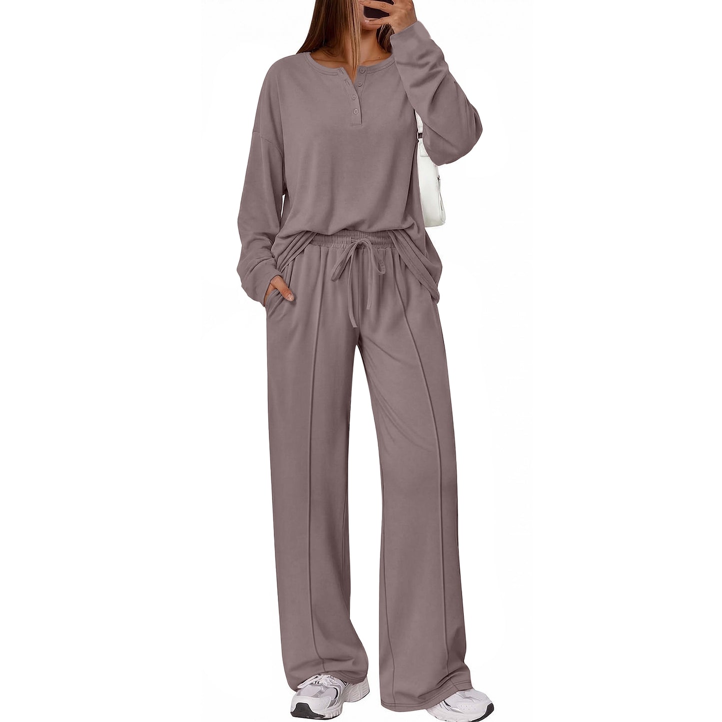 SUNBS Two Piece Loungewear Sets for Women Henley Neck Top Wide Leg Pants Fall Travel Outfits