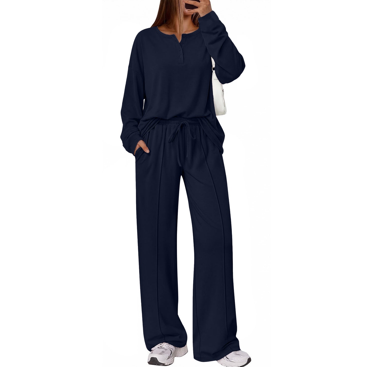 SUNBS Two Piece Loungewear Sets for Women Henley Neck Top Wide Leg Pants Fall Travel Outfits