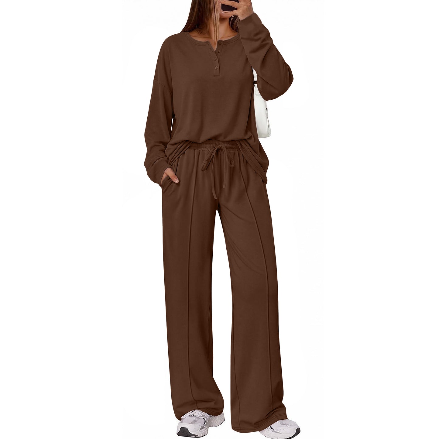 SUNBS Two Piece Loungewear Sets for Women Henley Neck Top Wide Leg Pants Fall Travel Outfits