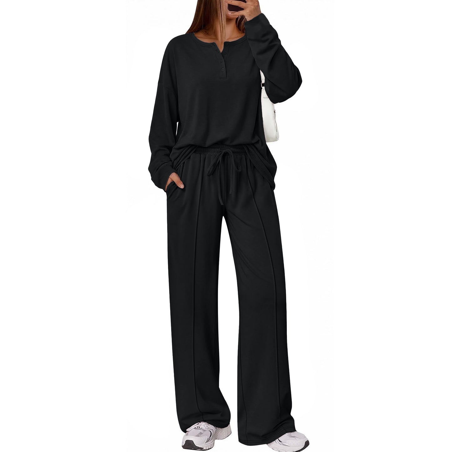 SUNBS Two Piece Loungewear Sets for Women Henley Neck Top Wide Leg Pants Fall Travel Outfits