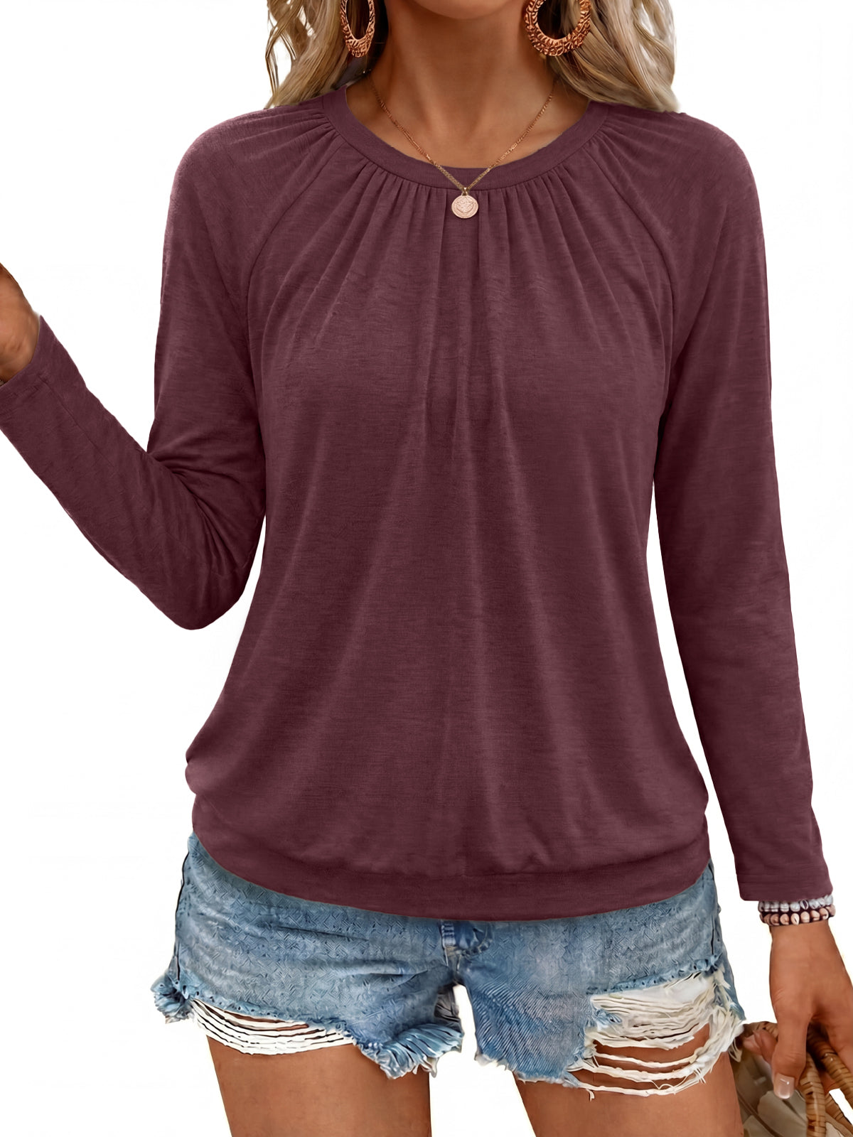 SUNBS Blouses for Women Casual Dressy Tops Crewneck Long Sleeve Shirts Pleated Clothes