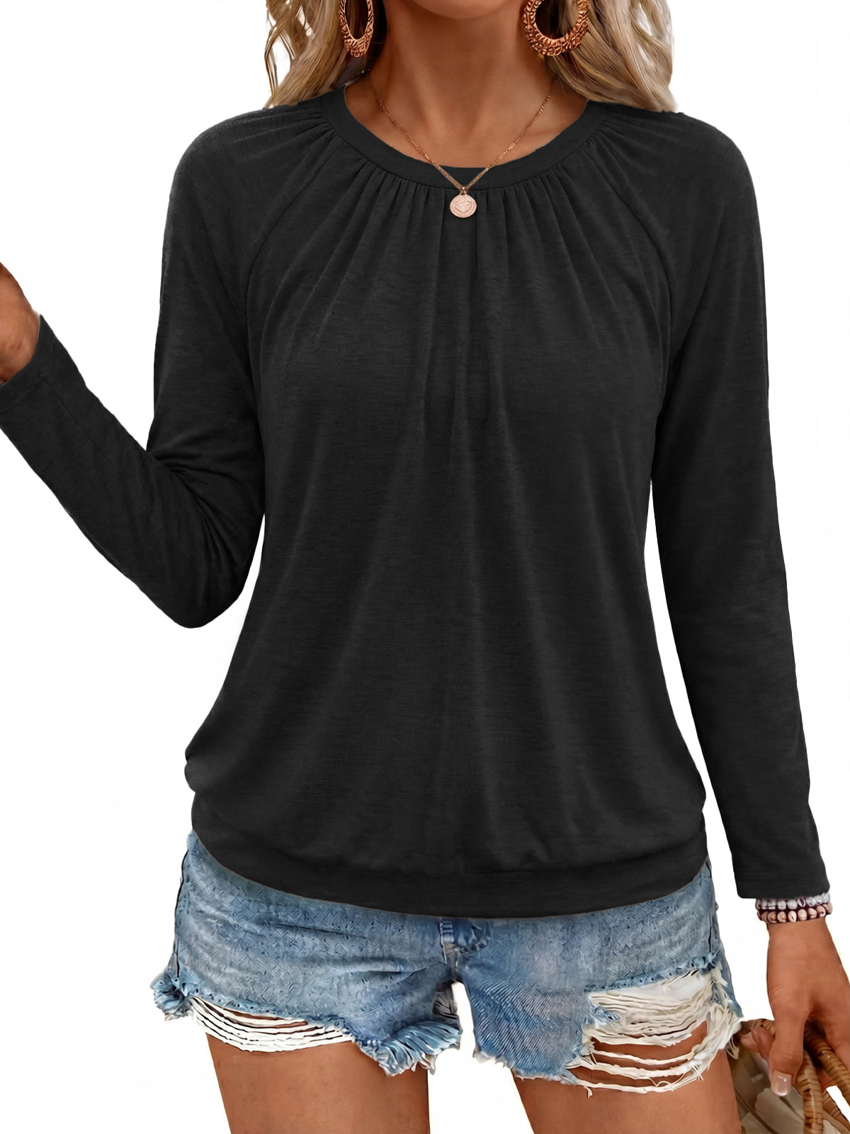 SUNBS Blouses for Women Casual Dressy Tops Crewneck Long Sleeve Shirts Pleated Clothes