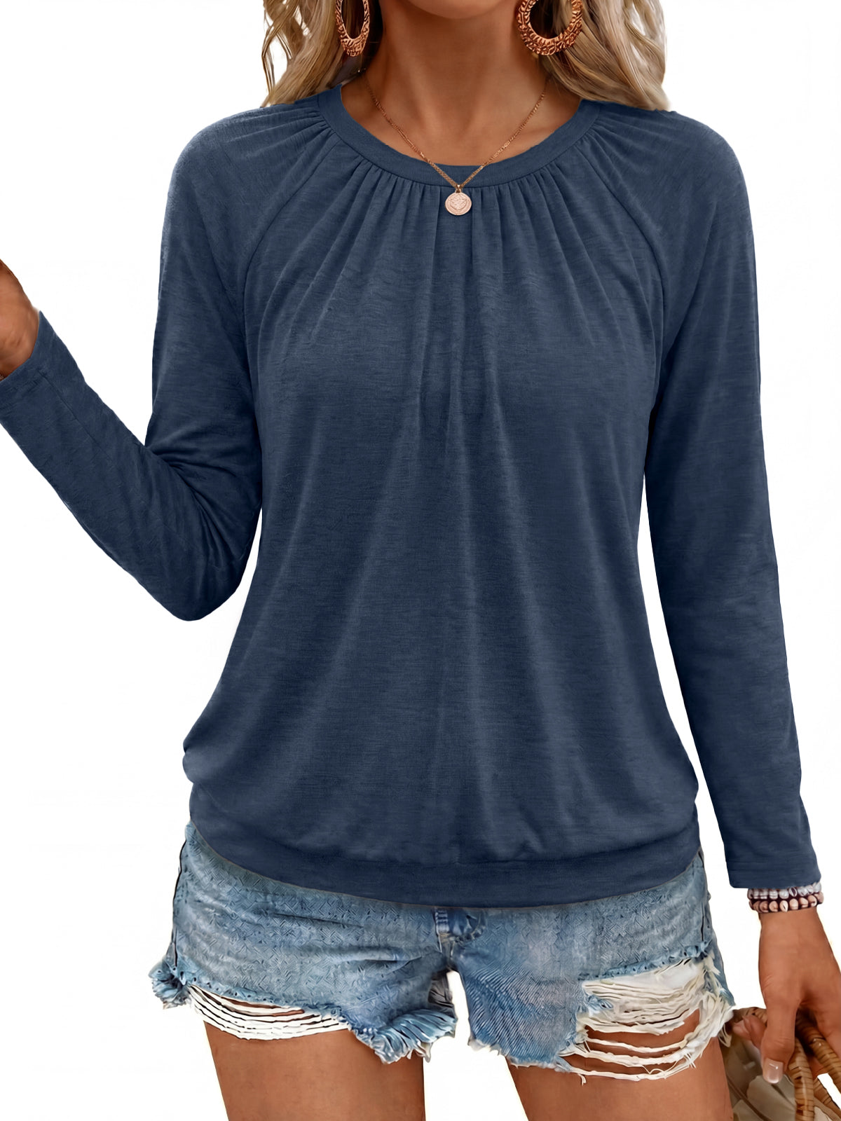 SUNBS Blouses for Women Casual Dressy Tops Crewneck Long Sleeve Shirts Pleated Clothes