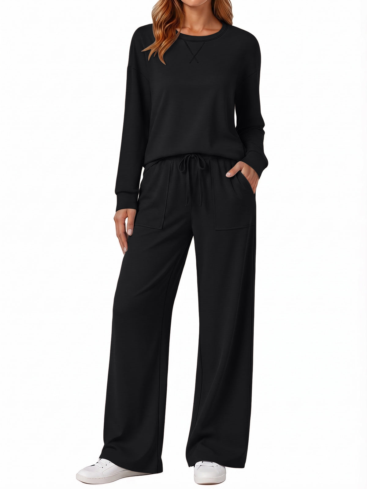 SUNBS Women's 2 Piece Loungewear Sets Fall Outfits Crew Neck Long Sleeve Top High Waist Wide Leg Pants for Travel Airport Casual Wear