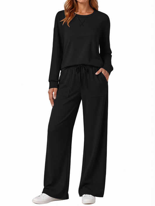 SUNBS Women's 2 Piece Loungewear Sets Fall Outfits Crew Neck Long Sleeve Top High Waist Wide Leg Pants for Travel Airport Casual Wear