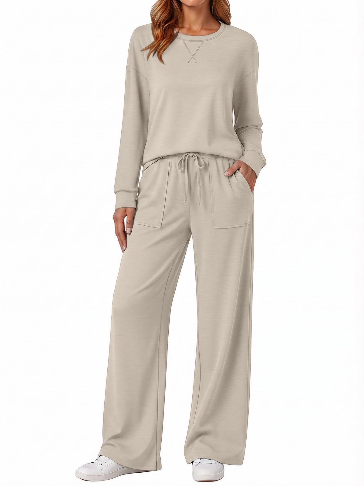SUNBS Women's 2 Piece Loungewear Sets Fall Outfits Crew Neck Long Sleeve Top High Waist Wide Leg Pants for Travel Airport Casual Wear