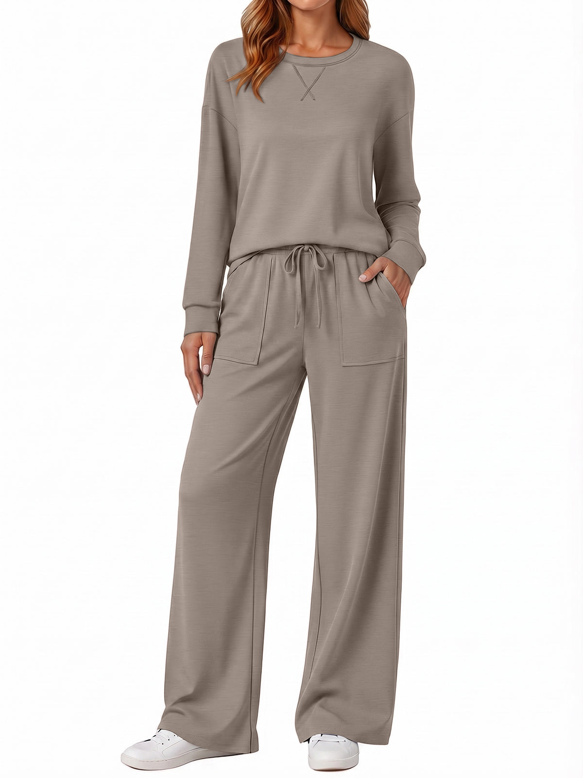 SUNBS Women's 2 Piece Loungewear Sets Fall Outfits Crew Neck Long Sleeve Top High Waist Wide Leg Pants for Travel Airport Casual Wear