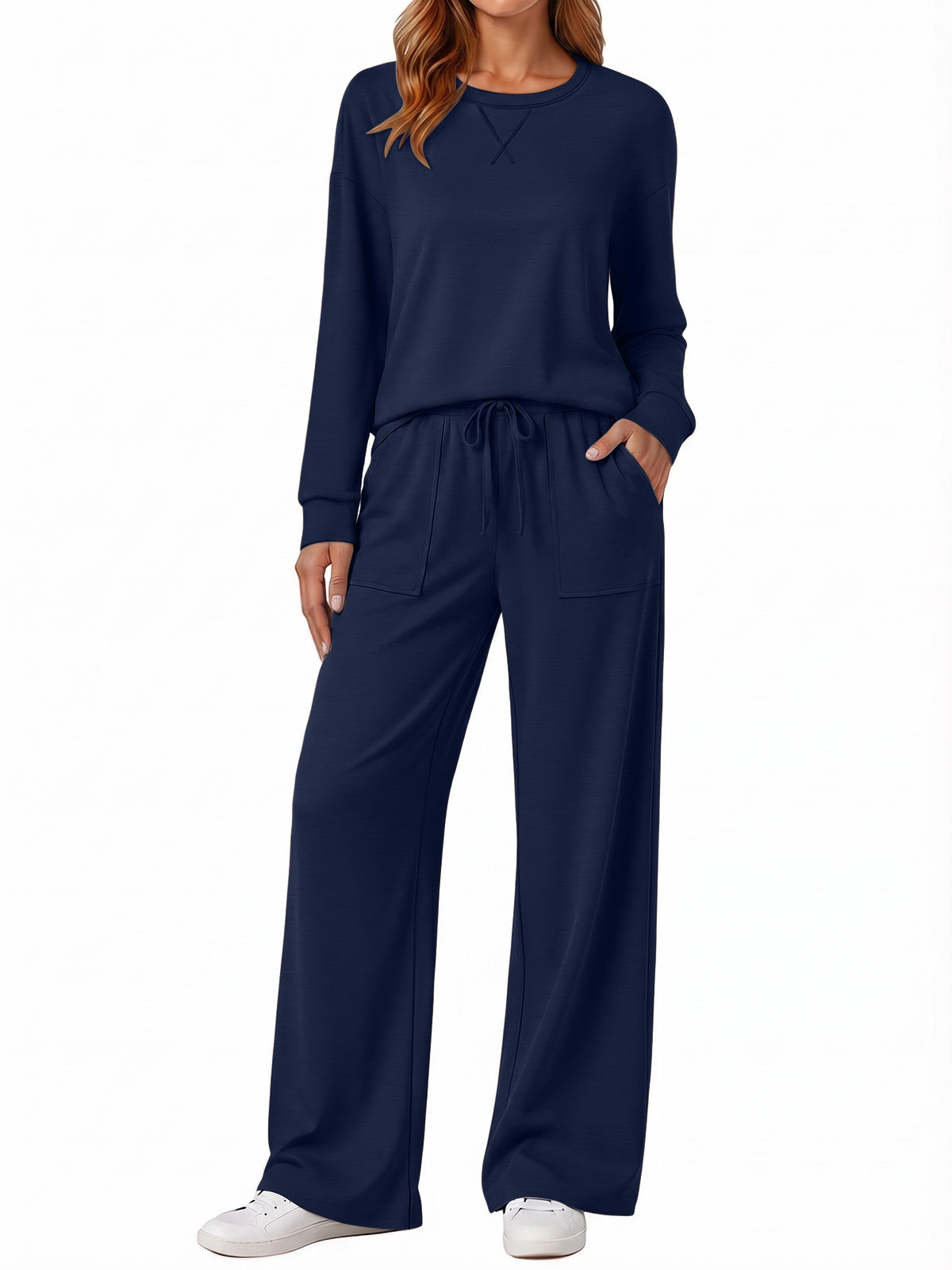 SUNBS Women's 2 Piece Loungewear Sets Fall Outfits Crew Neck Long Sleeve Top High Waist Wide Leg Pants for Travel Airport Casual Wear