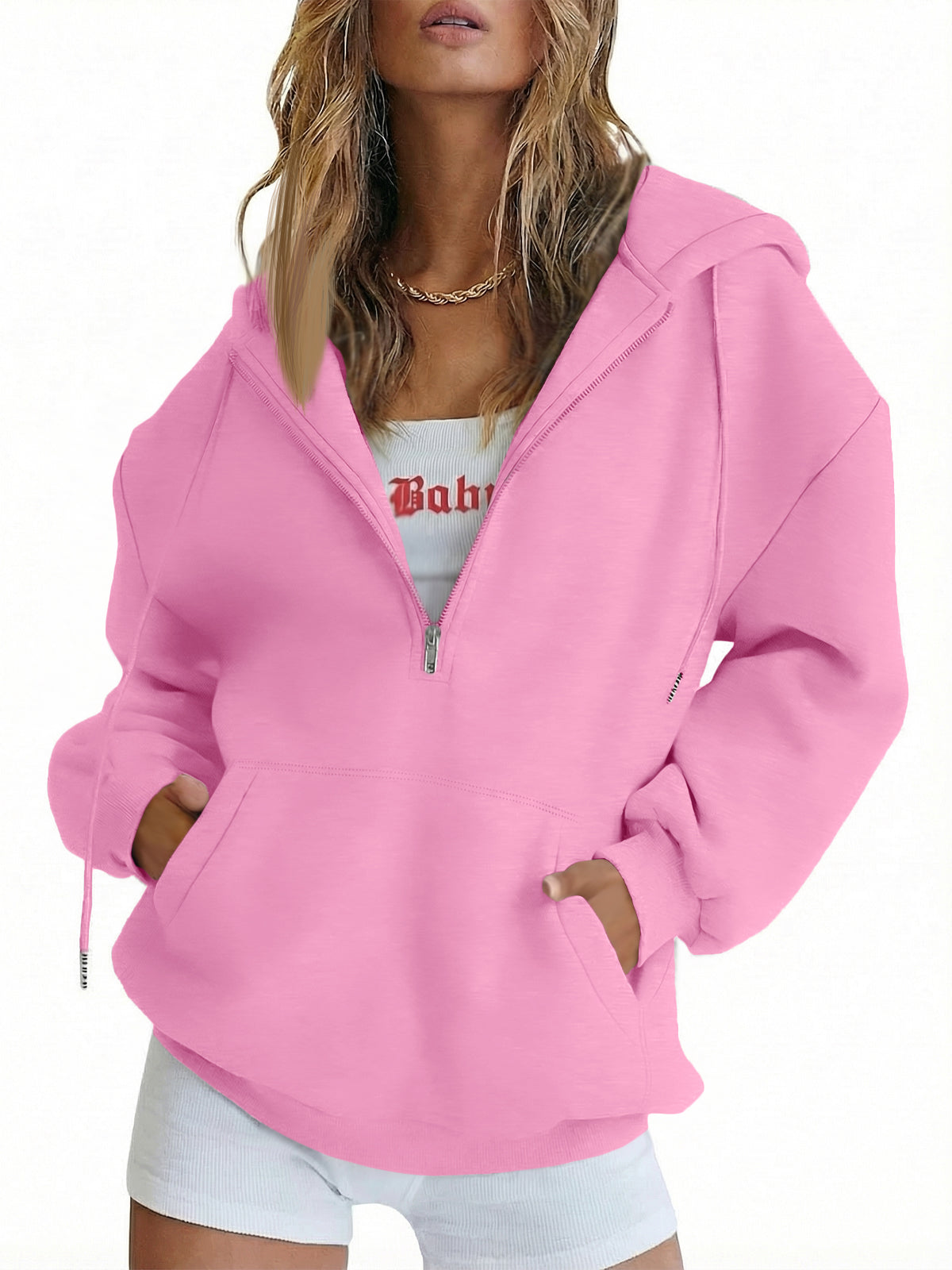 SUNBS Drawstring Half Zip Hoodies for Women Fall Oversized Casual Sweatshirts with Kangaroo Pocket