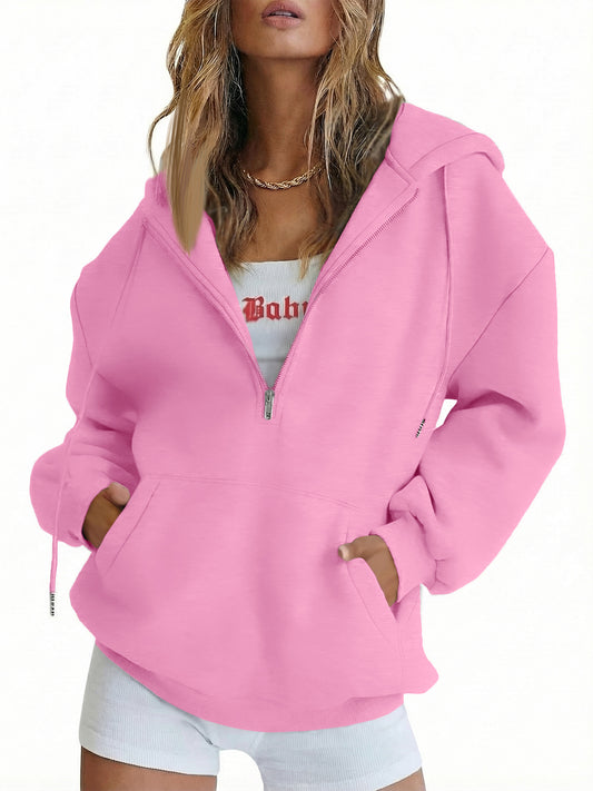 SUNBS Drawstring Half Zip Hoodies for Women Fall Oversized Casual Sweatshirts with Kangaroo Pocket