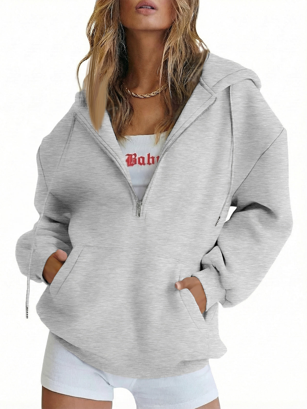 SUNBS Drawstring Half Zip Hoodies for Women Fall Oversized Casual Sweatshirts with Kangaroo Pocket