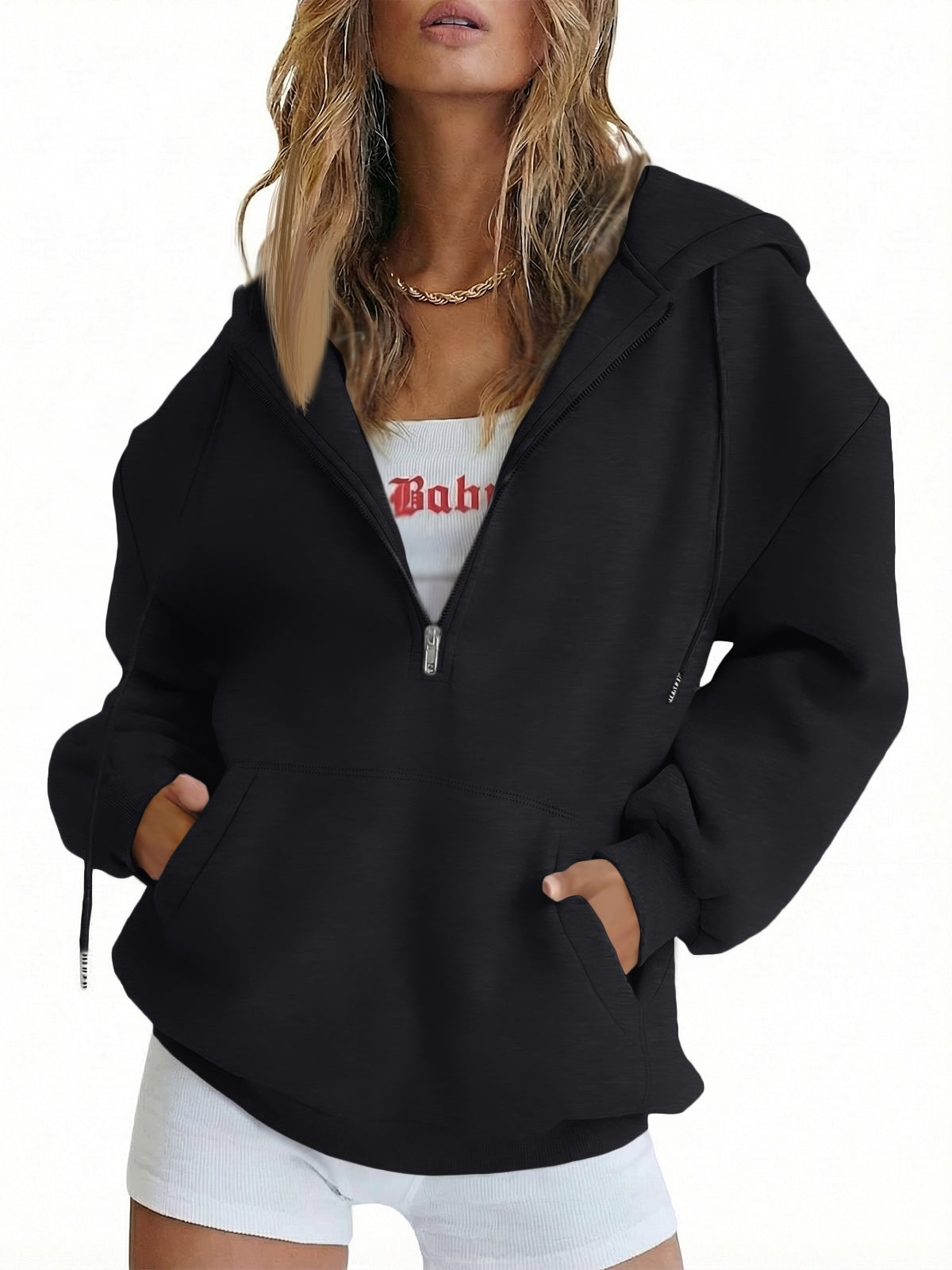 SUNBS Drawstring Half Zip Hoodies for Women Fall Oversized Casual Sweatshirts with Kangaroo Pocket