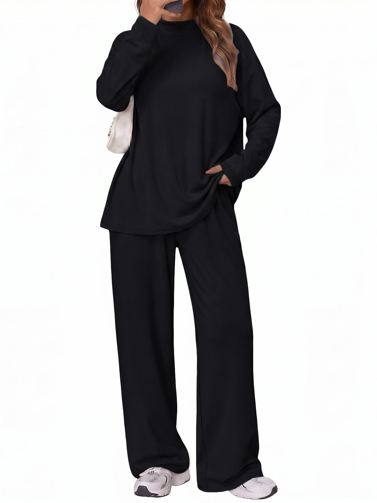 SUNBS Women's Long Sleeve Lounge Sets Mock Neck Two Piece Sets for Women Wide Leg Pants Outfits Tracksuit Sweatsuits Set
