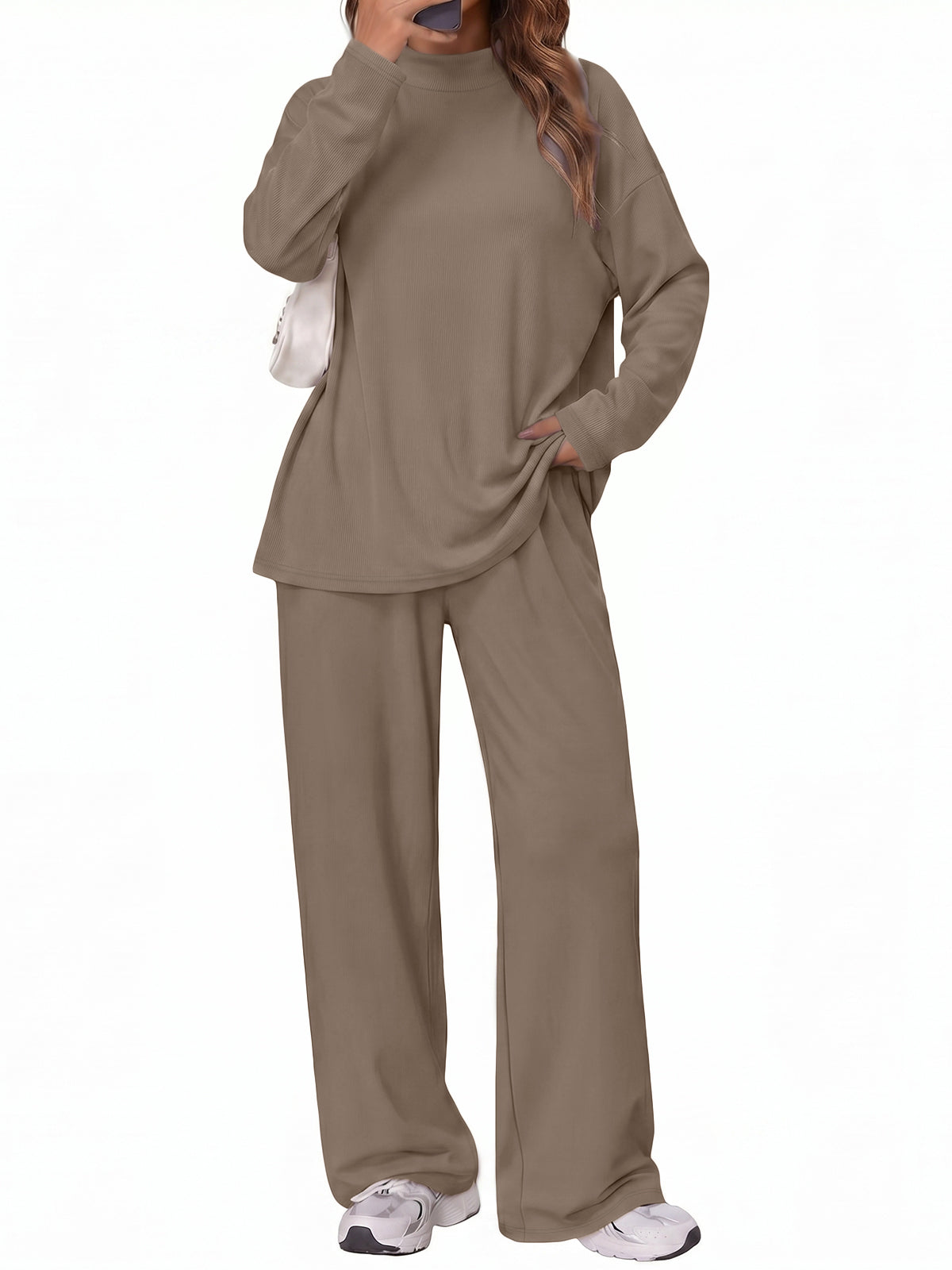 SUNBS Women's Long Sleeve Lounge Sets Mock Neck Two Piece Sets for Women Wide Leg Pants Outfits Tracksuit Sweatsuits Set