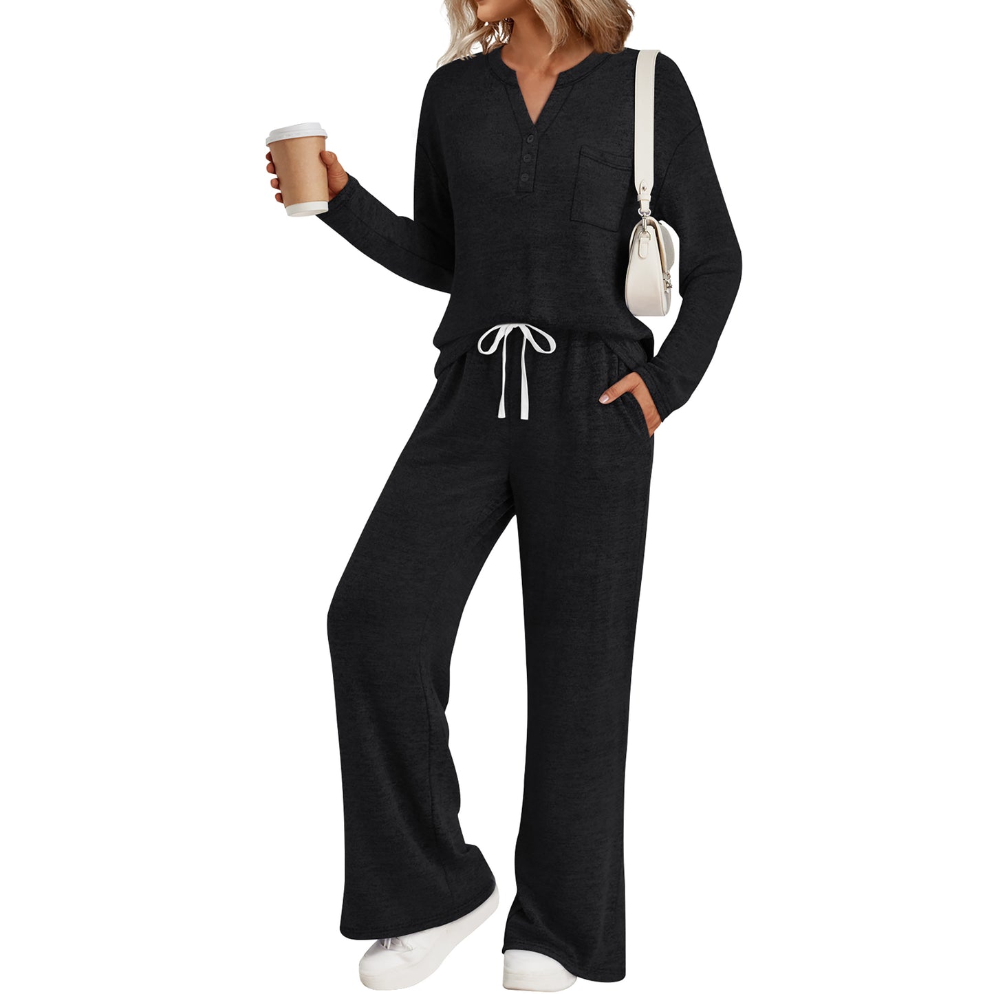 SUNBS Women's Pajama Set Two Piece Long Sleeve Knit Lounge Set with Pockets Button Down Top and Drawstring Pants Sleepwear