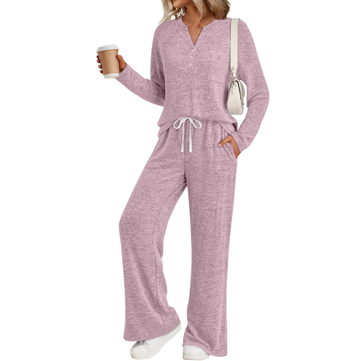 SUNBS Women's Pajama Set Two Piece Long Sleeve Knit Lounge Set with Pockets Button Down Top and Drawstring Pants Sleepwear