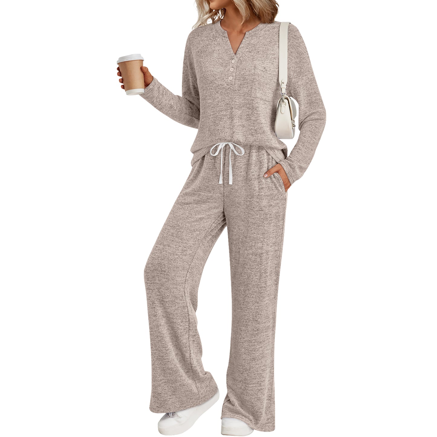 SUNBS Women's Pajama Set Two Piece Long Sleeve Knit Lounge Set with Pockets Button Down Top and Drawstring Pants Sleepwear