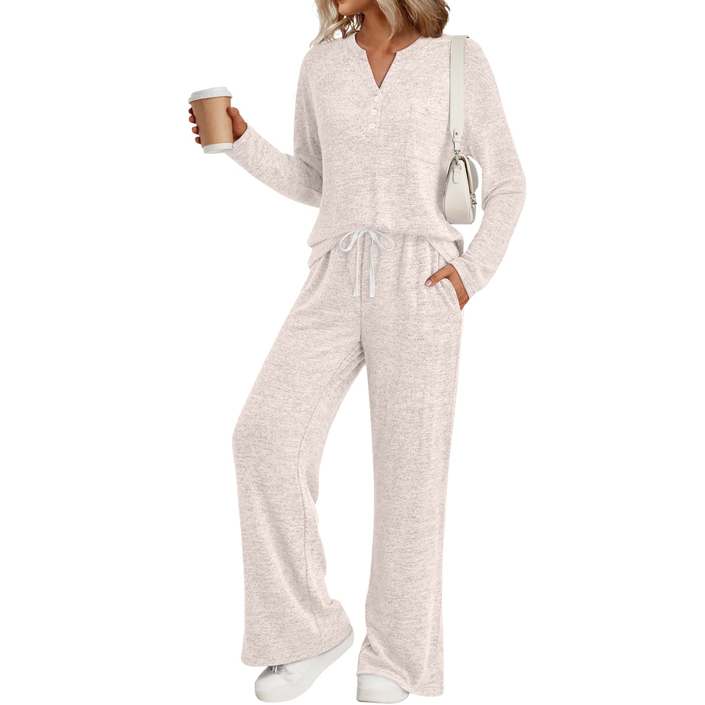 SUNBS Women's Pajama Set Two Piece Long Sleeve Knit Lounge Set with Pockets Button Down Top and Drawstring Pants Sleepwear
