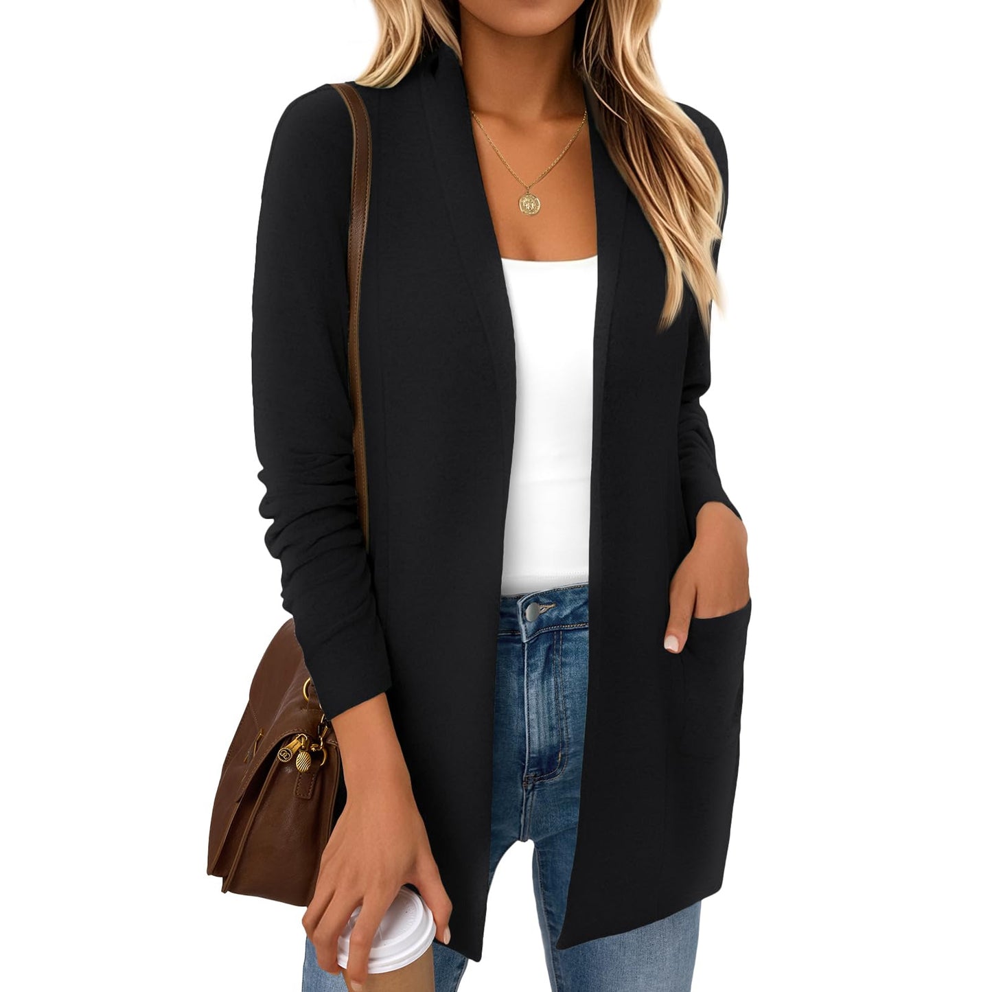 SUNBS Long Sleeve Cardigan Sweaters for Women Lightweight Open Front Tops Casual Loose Blouses with Pockets