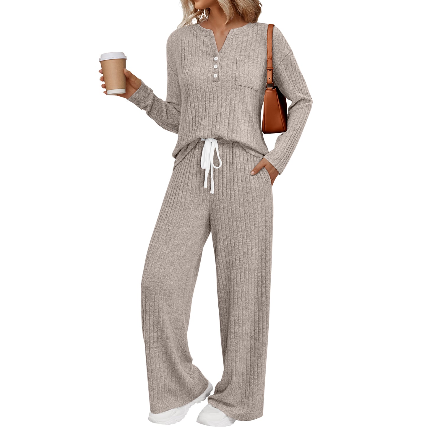 SUNBS Two Piece Sets for Women Lounge Sets Long Sleeve Tops Wide Leg Pants Fall Casual Vacation Travel Outfits with Pockets