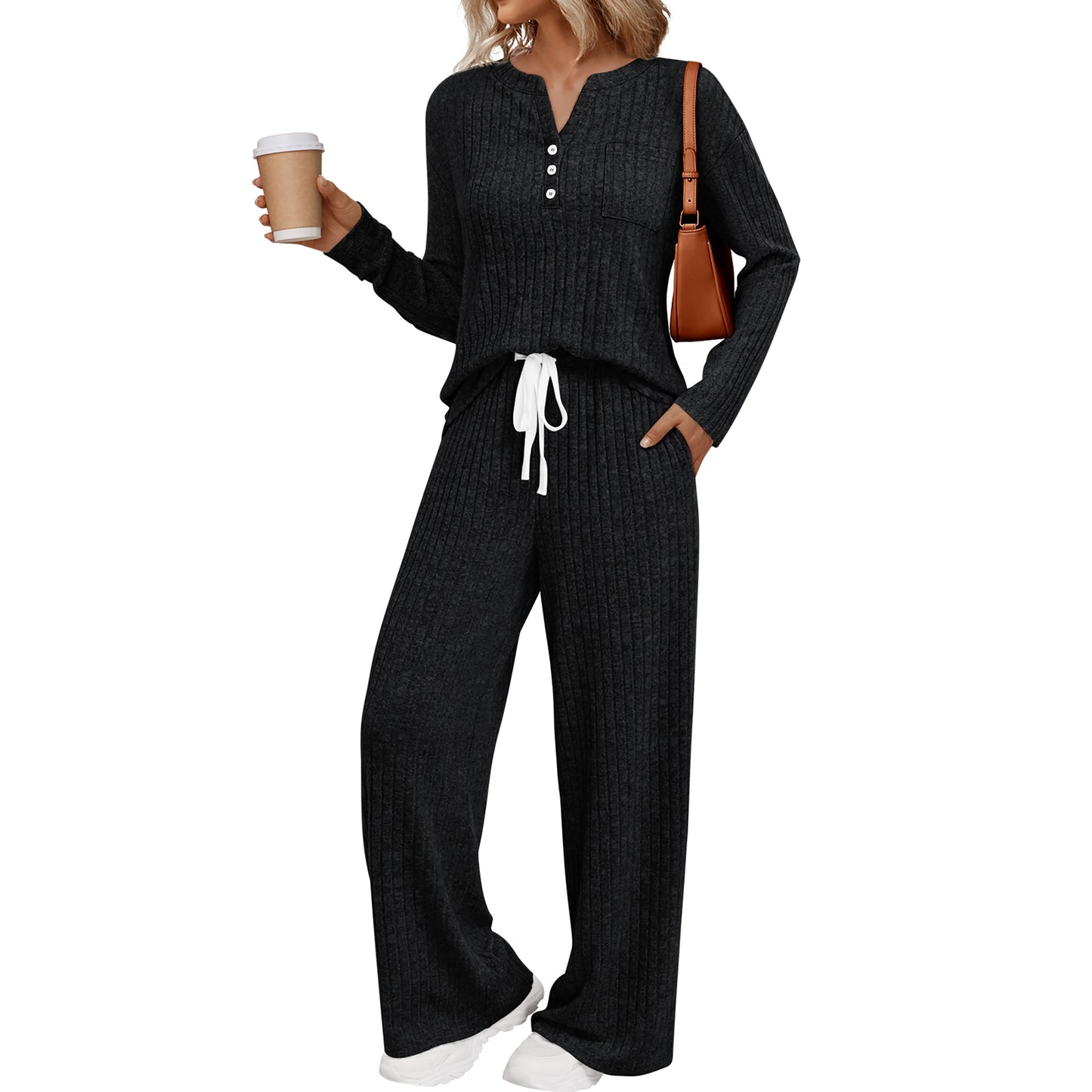 SUNBS Two Piece Sets for Women Lounge Sets Long Sleeve Tops Wide Leg Pants Fall Casual Vacation Travel Outfits with Pockets
