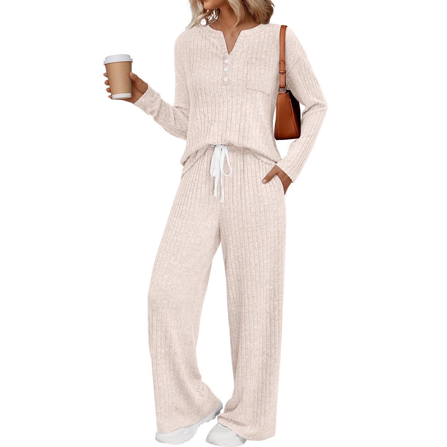 SUNBS Two Piece Sets for Women Lounge Sets Long Sleeve Tops Wide Leg Pants Fall Casual Vacation Travel Outfits with Pockets