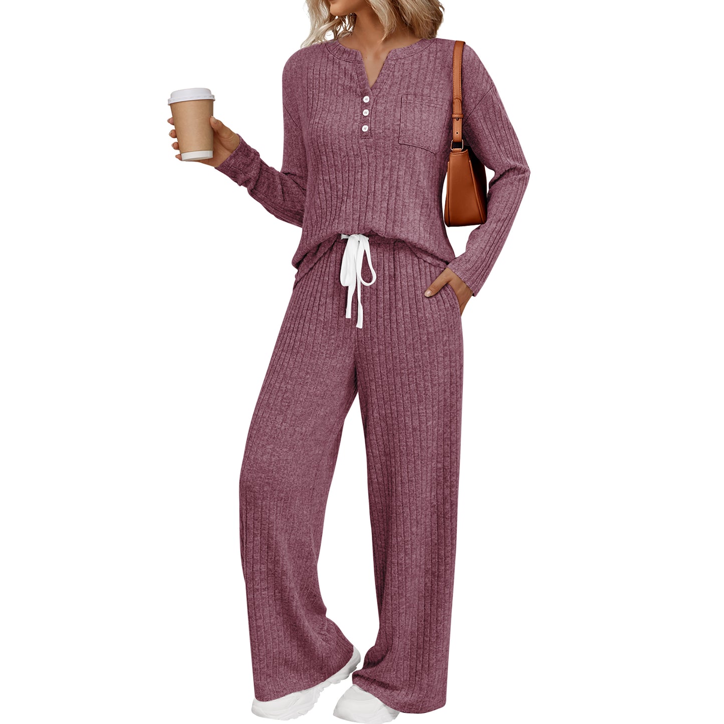 SUNBS Two Piece Sets for Women Lounge Sets Long Sleeve Tops Wide Leg Pants Fall Casual Vacation Travel Outfits with Pockets