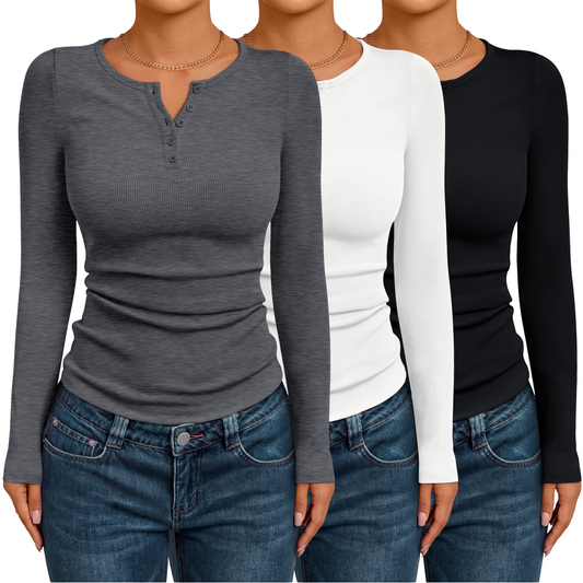 SUNBS 3 Packs Women Tops Long Sleeve Henley Shirts Fall Winter Ribbed Thermal Casual Blouses Basics Tees