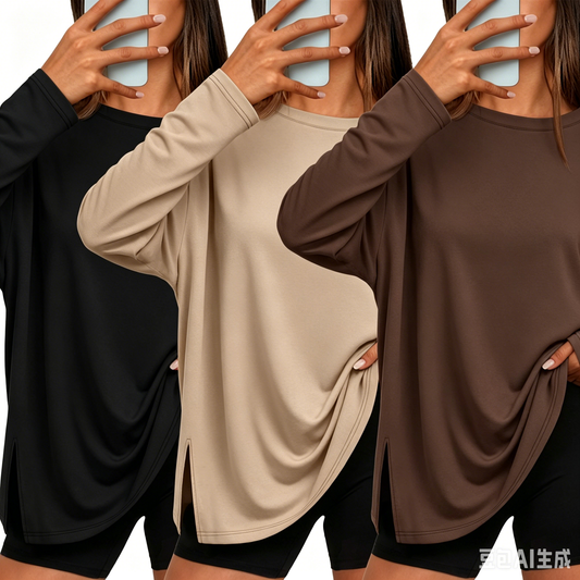 SUNBS 3 Pack Long Sleeve Tshirts for Women Oversized Side Slit Blouses Workout Tops Fall Fashion Casual Tees Basic Clothes