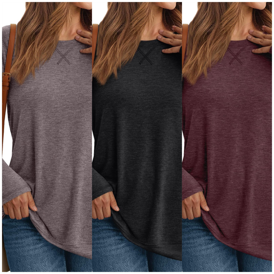 SUNBS 3 Packs Long Sleeve Shirts for Women Casual Work Tops Crewneck Blouses Loose Fit Clothes Trendy