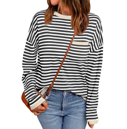 SUNBS Sweaters for Women Striped Knit Pullover Top Crew Neck Long Sleeve Casual Shirt with Chest Pocket