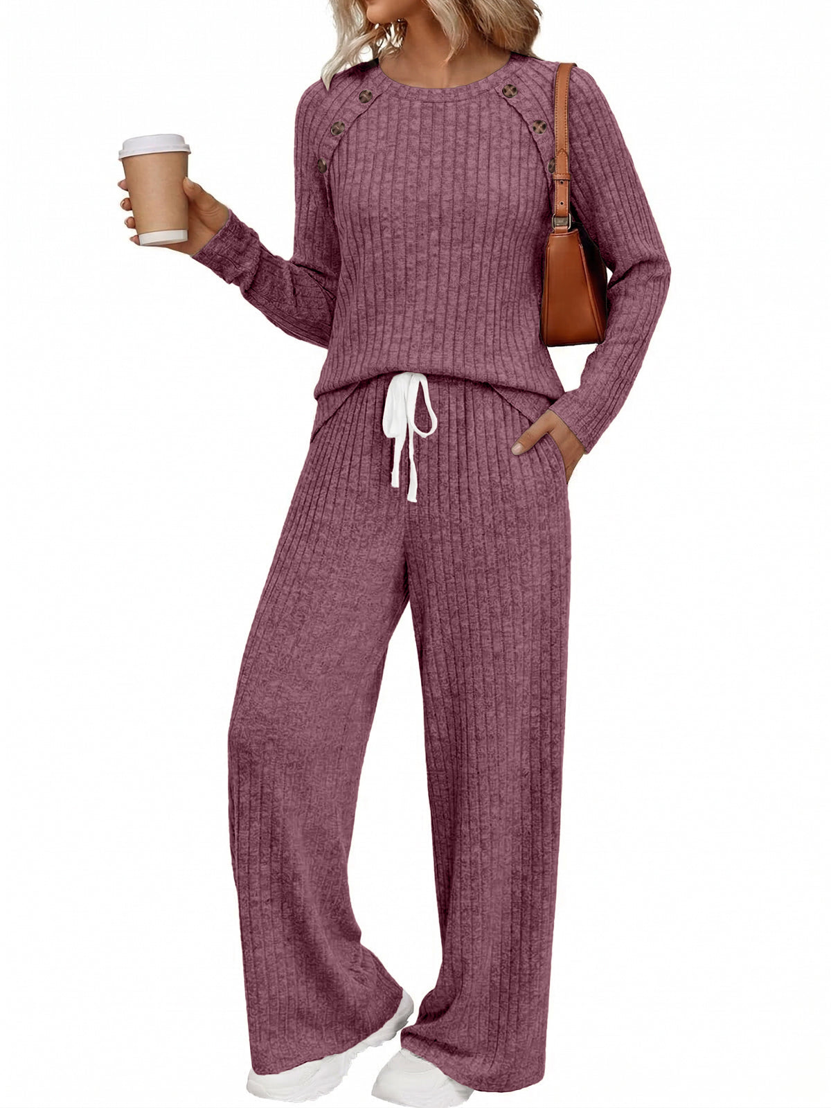 SUNBS Women's 2 Piece Lounge Sets Fall Outfits Crew Neck Top High Waist Wide Leg Pants for Casual Travel Wear