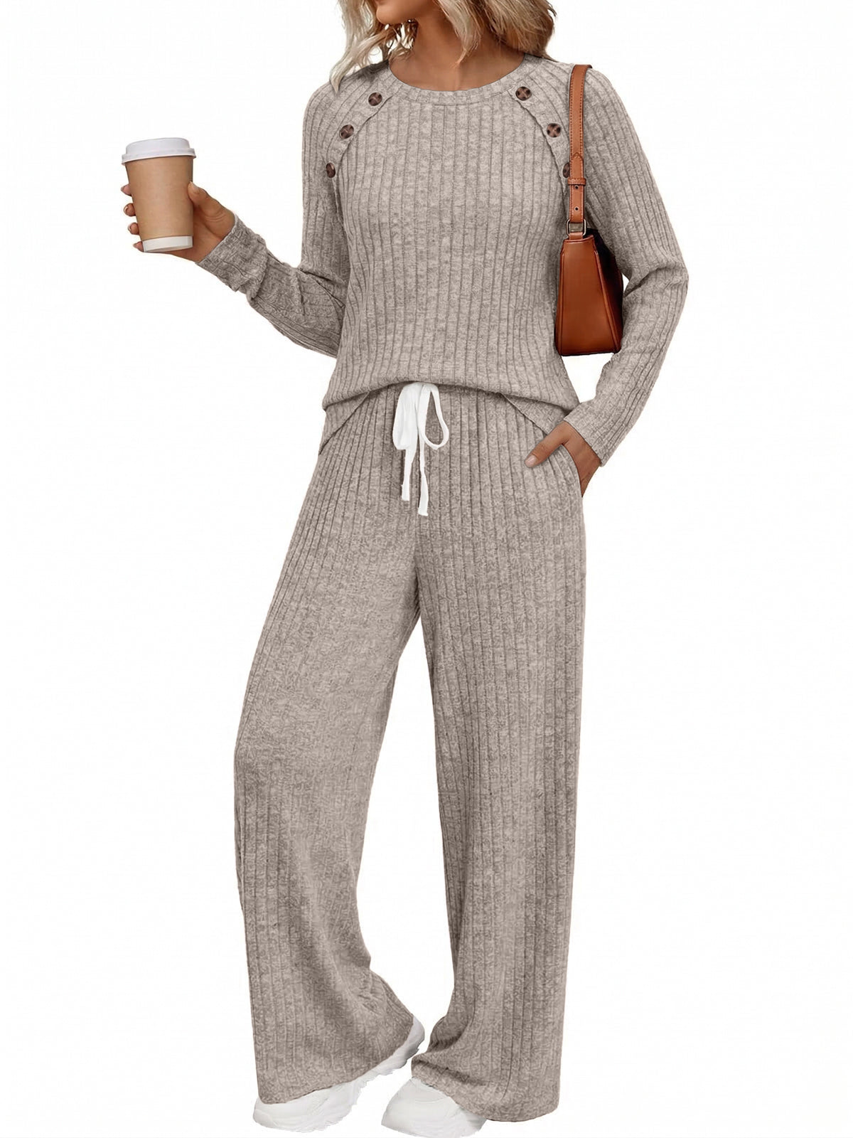 SUNBS Women's 2 Piece Lounge Sets Fall Outfits Crew Neck Top High Waist Wide Leg Pants for Casual Travel Wear
