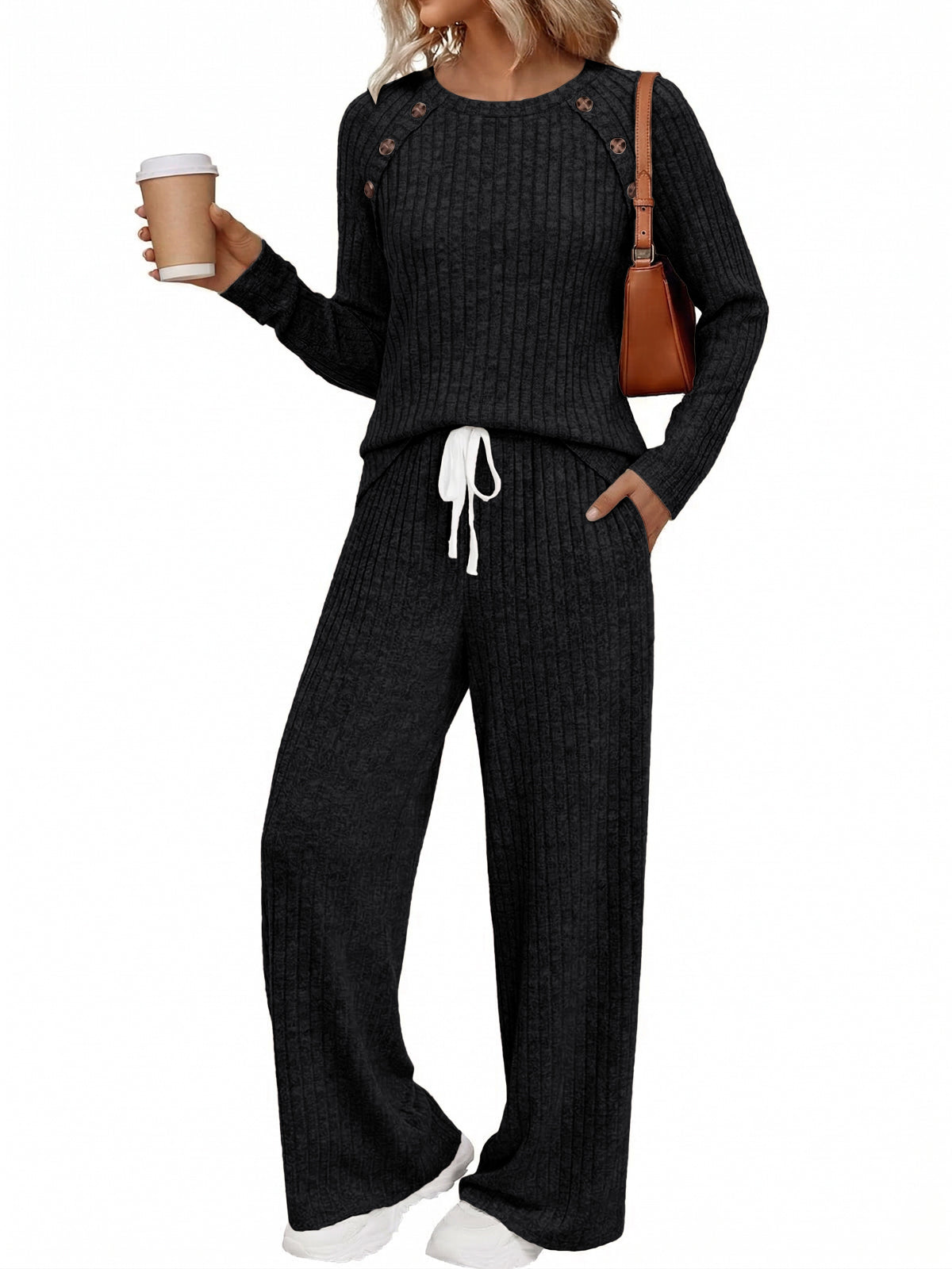 SUNBS Women's 2 Piece Lounge Sets Fall Outfits Crew Neck Top High Waist Wide Leg Pants for Casual Travel Wear