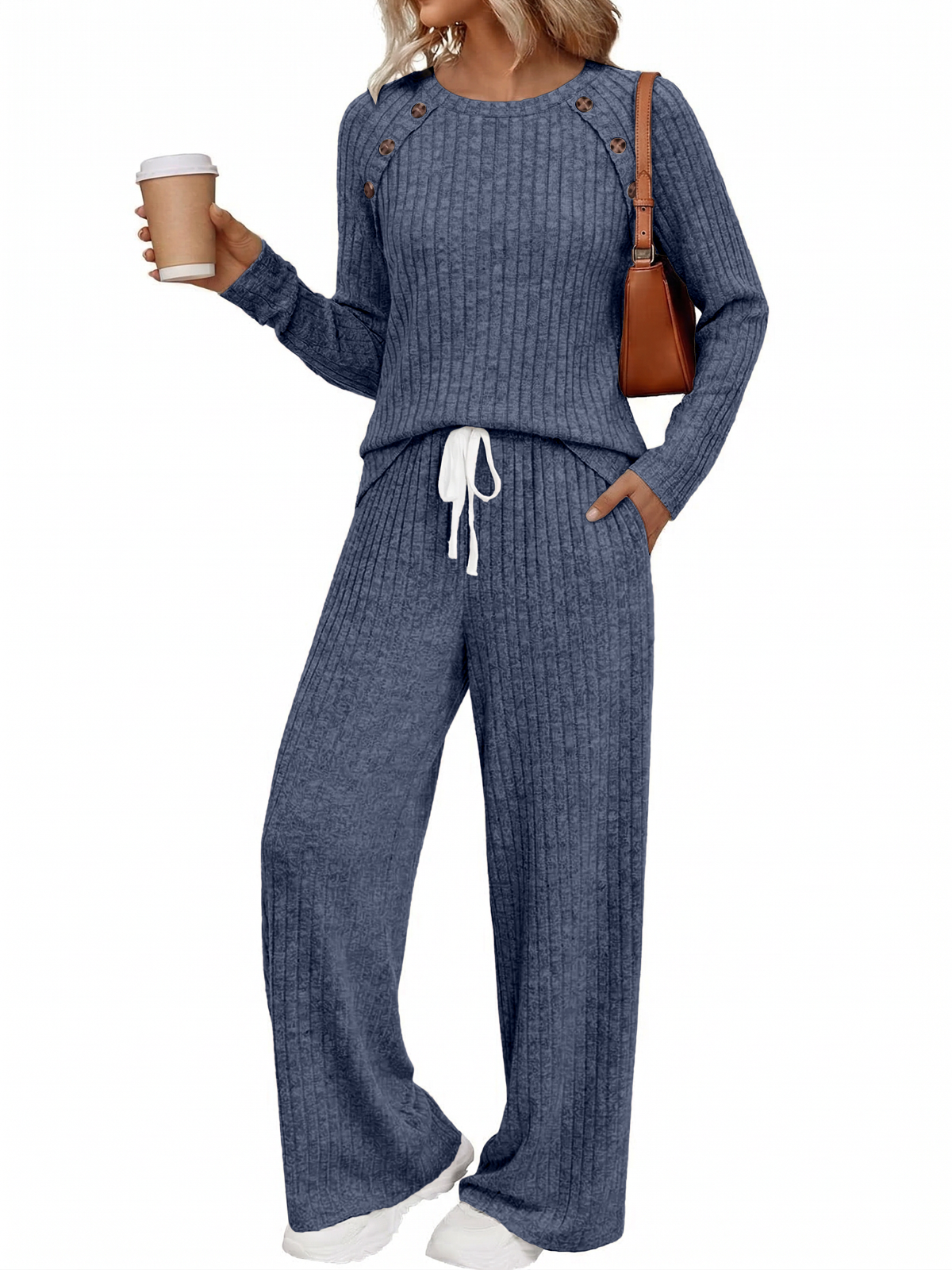 SUNBS Women's 2 Piece Lounge Sets Fall Outfits Crew Neck Top High Waist Wide Leg Pants for Casual Travel Wear