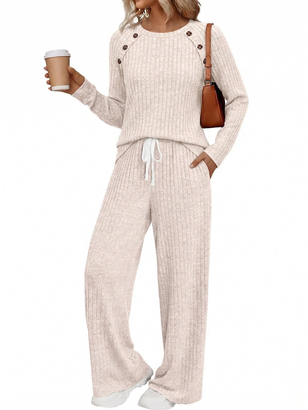 SUNBS Women's 2 Piece Lounge Sets Fall Outfits Crew Neck Top High Waist Wide Leg Pants for Casual Travel Wear