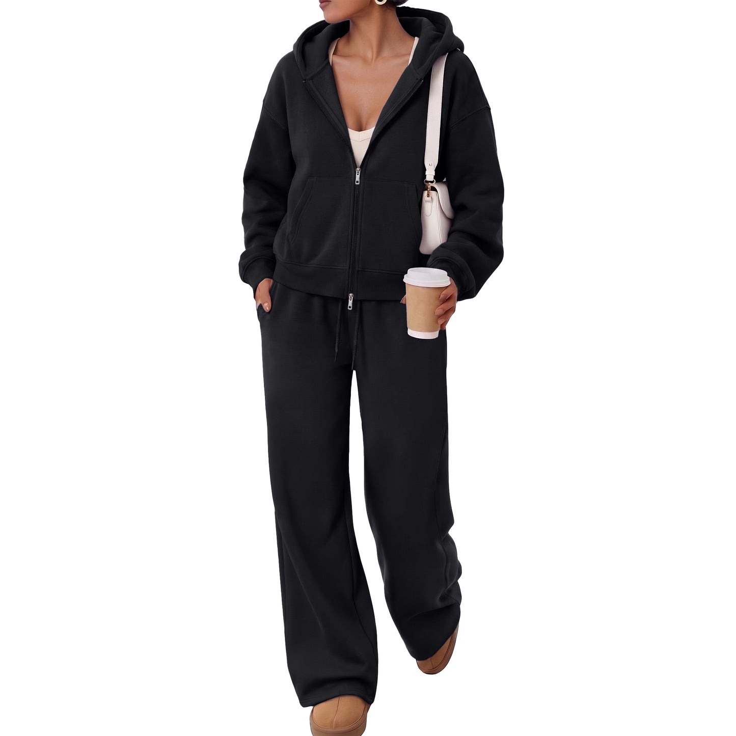SUNBS Sweatssuits Zip-Up Hoodie Outfits for Women Fall Oversized Loungewear Sets with Wide Leg Pants