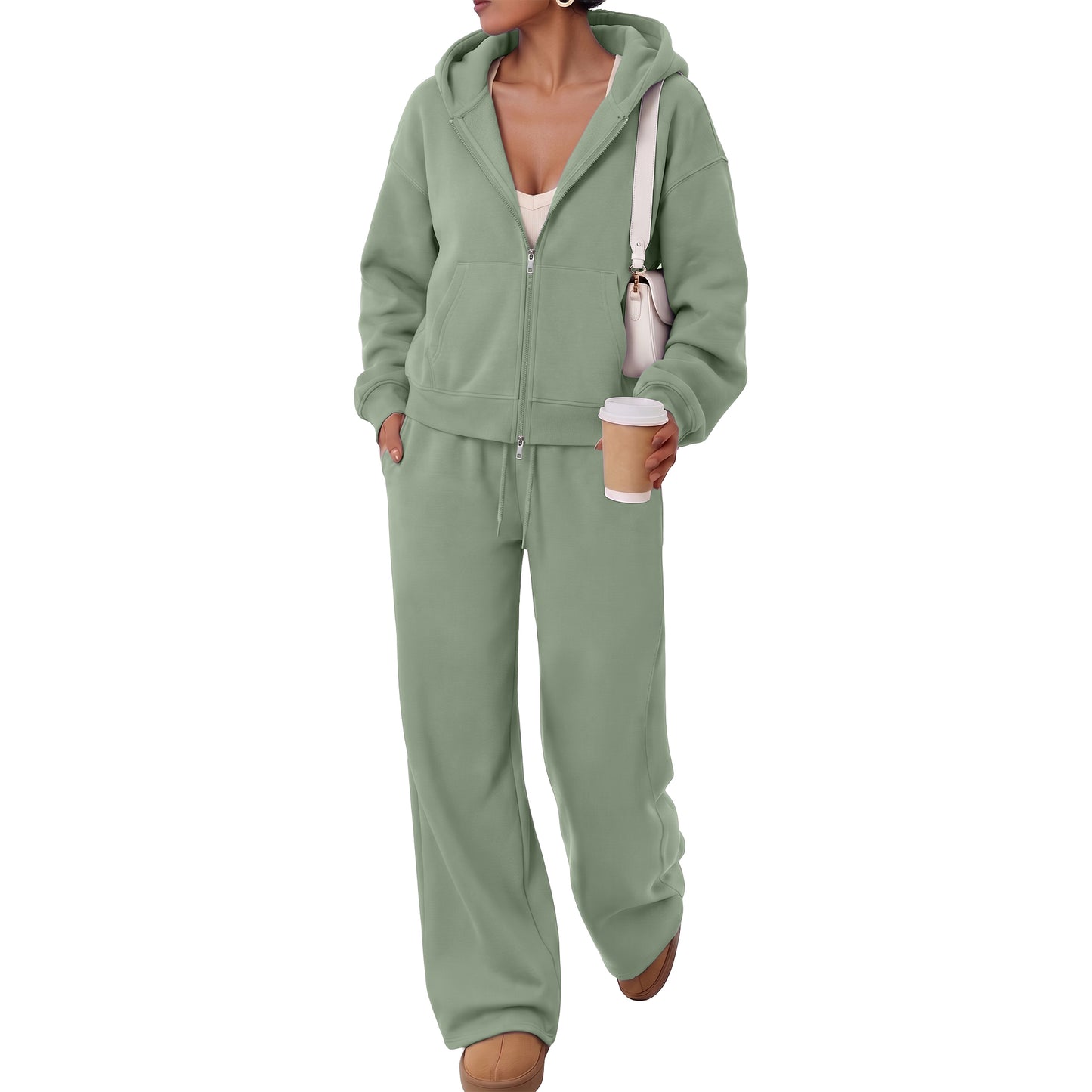 SUNBS Sweatssuits Zip-Up Hoodie Outfits for Women Fall Oversized Loungewear Sets with Wide Leg Pants