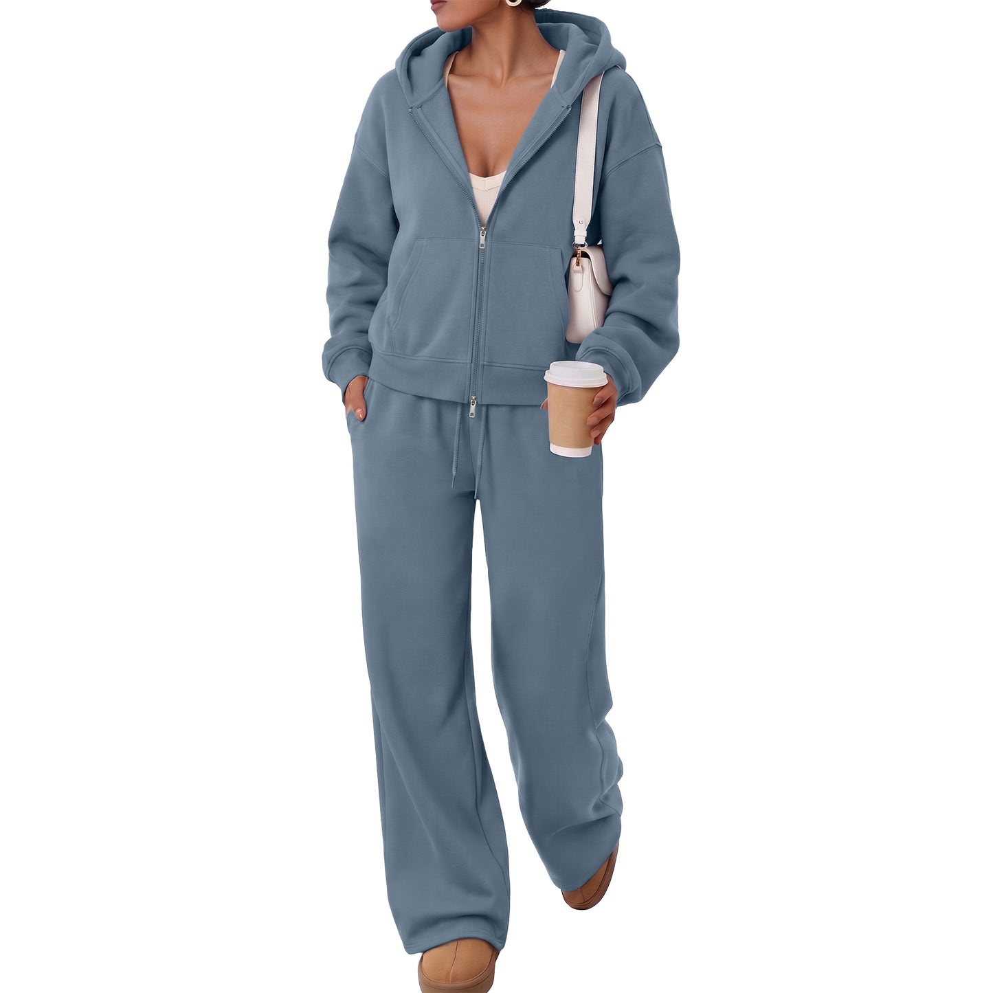 SUNBS Sweatssuits Zip-Up Hoodie Outfits for Women Fall Oversized Loungewear Sets with Wide Leg Pants